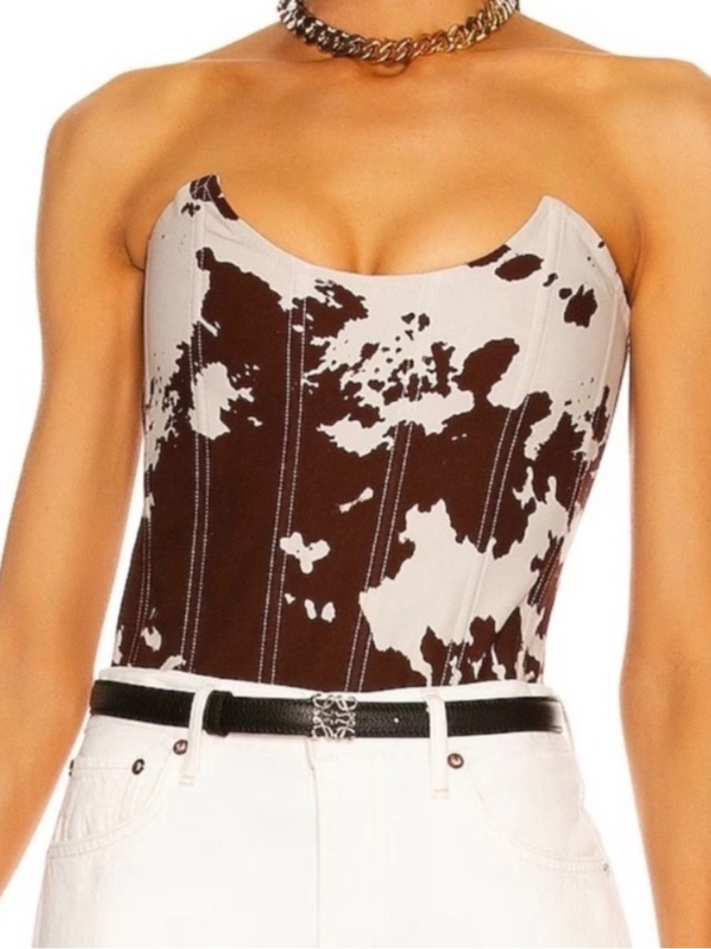 Miaou Brown and White Cow-Print Strapless Corset Top